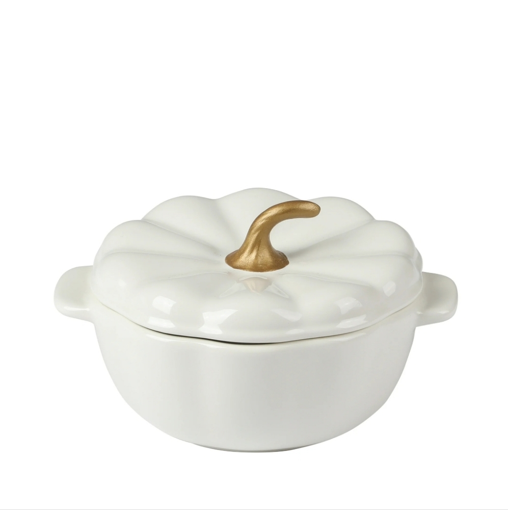 💕 2025 Pioneer Woman Mini Linen  Pumpkin Casserole Dish with Gold Accent